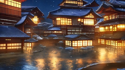 夜晚雪中日式河边小屋