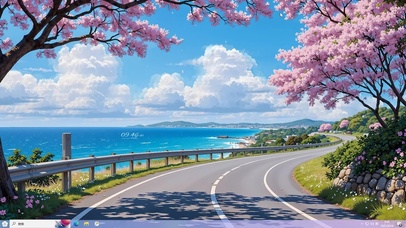 樱花树下海景公路主题