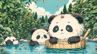 池塘玩耍的熊猫