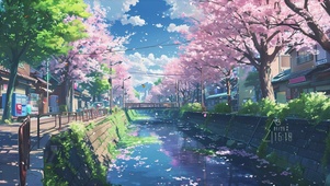 樱花溪流景色