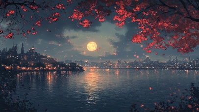 红叶下的古镇夜景