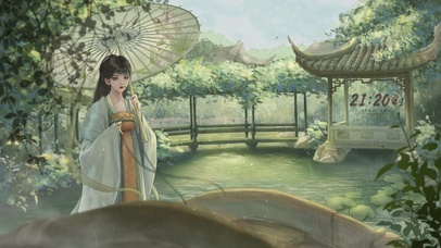 雨天古风庭院少女