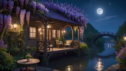 月夜紫藤花小屋