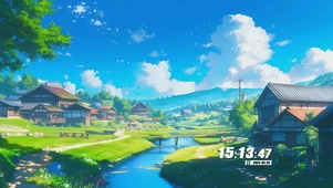 蓝天白云房屋溪流