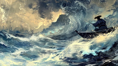 插画风暴风雨海浪孤舟渔夫