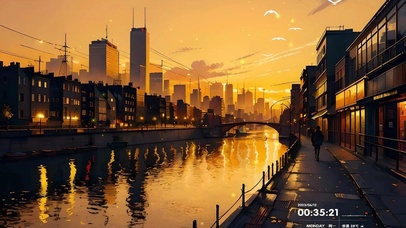 黄昏城市河边街景