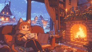 冬夜壁炉前的女孩