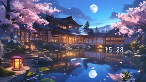 夜晚樱花阁楼湖畔