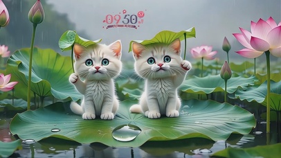 荷花池雨中可爱情侣猫咪