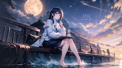 4K唯美治愈夕阳海浪美少女