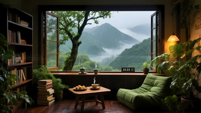 青山在雨幕中影影绰绰	