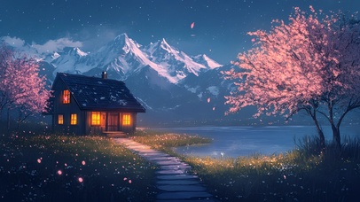 星夜花径山居暖光