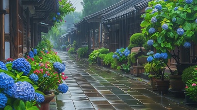 雨天古镇