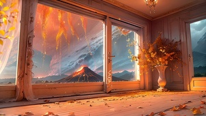 废弃房窗外的火山