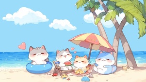 沙滩度假的猫咪家庭