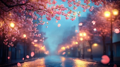 落樱蓝调唯美朦胧街景
