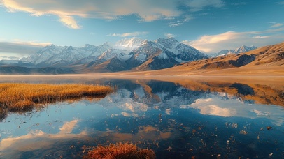 唯美日落秋季雪山湖泊