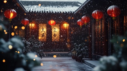 唯美新年雪中灯笼