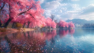 湖畔樱花落