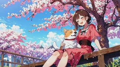 春日里的少女带着狗狗散步