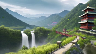 山中瀑布古建筑