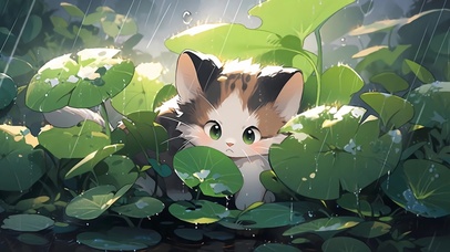 雨中荷叶的小花猫