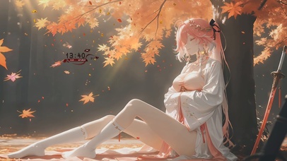 秋叶古风树下少女