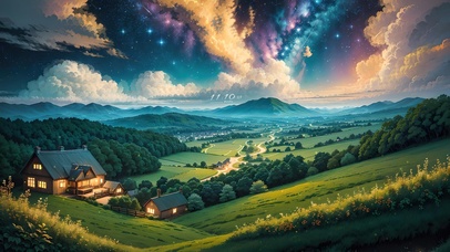 4K唯美治愈梦幻星空村庄木屋