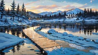 4K唯美夕阳雪山湖泊