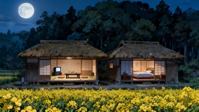 夜晚乡下油菜花田小屋