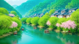 4k绿色樱花河流小镇