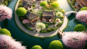 清新 春雨乡村小镇