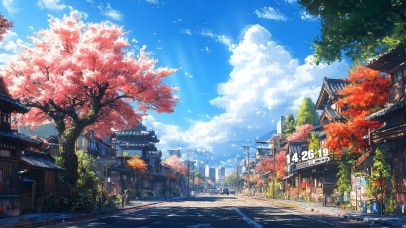 街道樱花树小镇