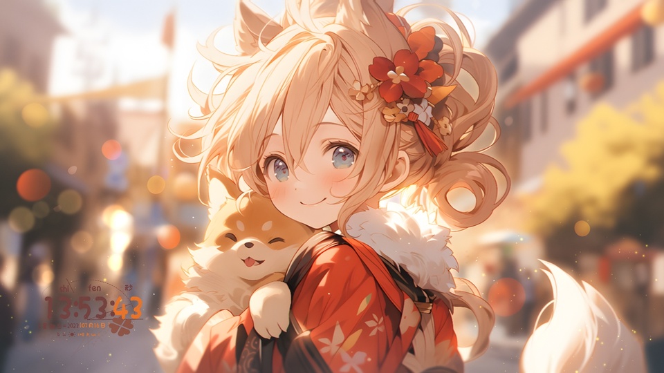 金发猫耳少女抱着眯眼微笑的柴犬，背景是散景虚化的暖光街巷。