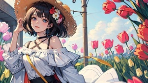郁金香花田中的草帽女孩
