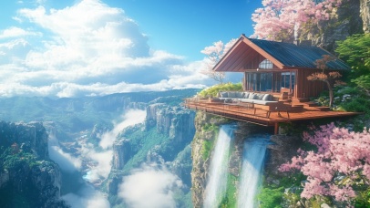 瀑布樱花小屋