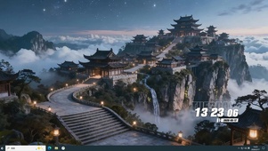 云雾古风瀑布山景桌面主题