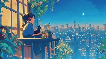 听着音乐看星空的女孩和她的猫