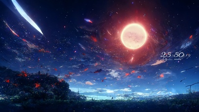 4k 治愈唯美夜晚星空红月