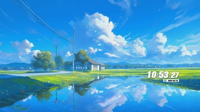 蓝天白云树木河流景色