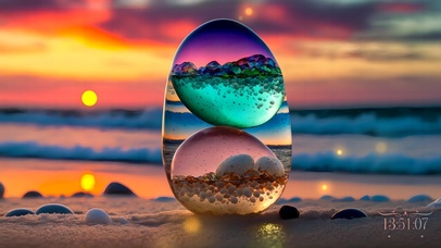 4K海边夕阳下的相依彩晶石