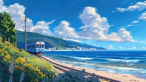 夏日长空海边列车