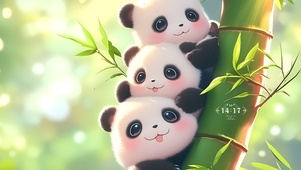 竹子上三只熊猫