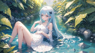 溪边可爱蓝发少女