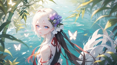 唯美溪水竹间少女