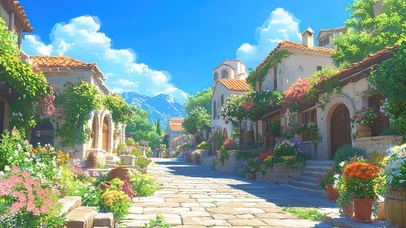 蓝天阳光静谧小镇