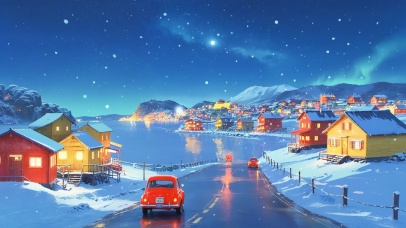 冬夜海边童话小镇