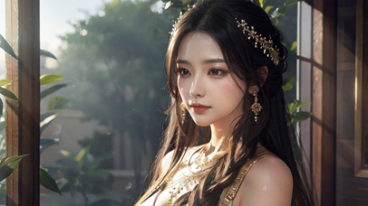 夕阳下的美女倚窗而立