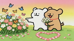 线条小狗-浪漫花草地