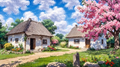 蓝天白云茅草屋